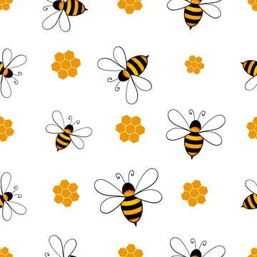 Seamless pattern with bees and honeycombs on white background. Small wasp Stock Illustration