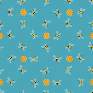 Seamless pattern with bees and honeycombs on color background. Small wasp Stock Illustration