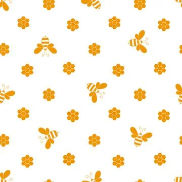 Seamless pattern with bees and honeycombs on white background. Small wasp Stock Illustration