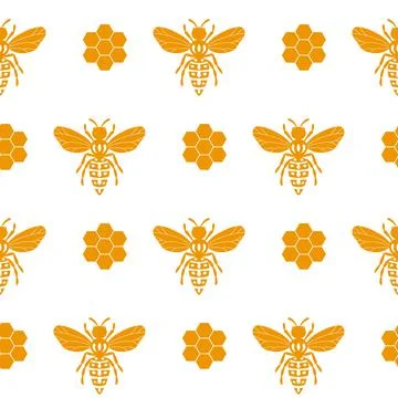 Seamless pattern with bees and honeycombs on white background. Small wasp Stock Illustration