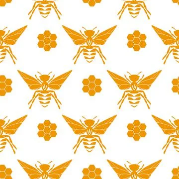 Seamless pattern with bees and honeycombs on white background. Small wasp 库存插图