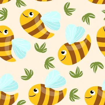 Seamless pattern with bees and leaves on color background. Small wasp. Vector Illustrazione stock