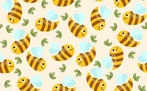 Seamless pattern with bees and leaves on color background. Small wasp. Vector Stock Illustration