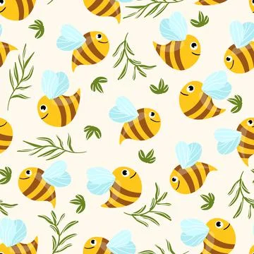 Seamless pattern with bees and leaves on color background. Small wasp. Vector Illustrazione stock