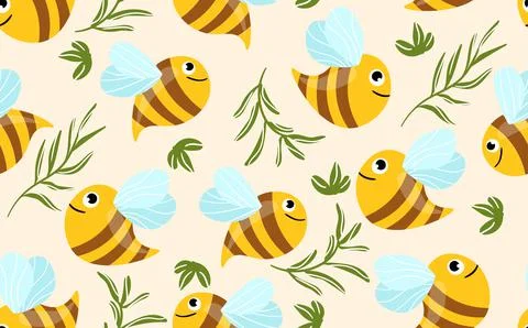 Seamless pattern with bees and leaves on color background. Small wasp. Vector Illustrazione stock