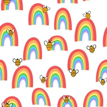 Seamless pattern with bees and rainbow. Small wasp. Vector illustration Illustrazione stock