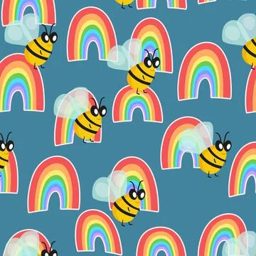 Seamless pattern with bees and rainbow. Small wasp. Vector illustration Illustrazione stock