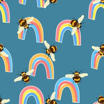 Seamless pattern with bees and rainbow. Small wasp. Vector illustration Illustrazione stock