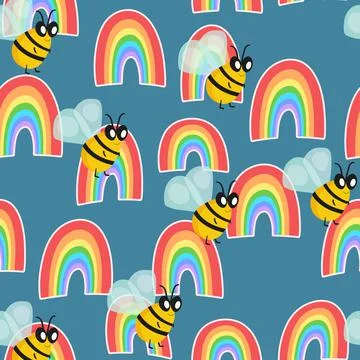 Seamless pattern with bees and rainbow. Small wasp. Vector illustration Stock Illustration