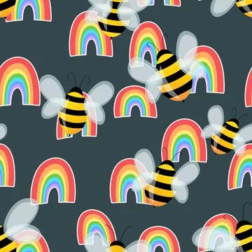 Seamless pattern with bees and rainbow. Small wasp. Vector illustration Stock Illustration