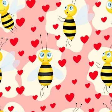 Seamless pattern with bees and red hearts on color background. Small wasp Stock Illustration