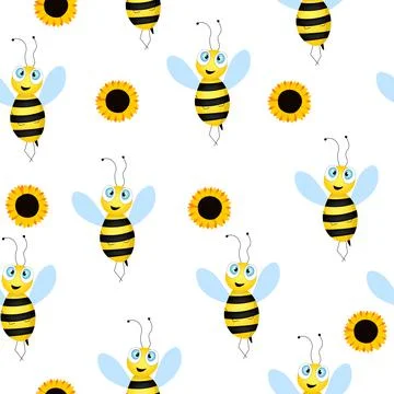 Seamless pattern with bees and sunflowers on white background. Small wasp. Flat Stock Illustration