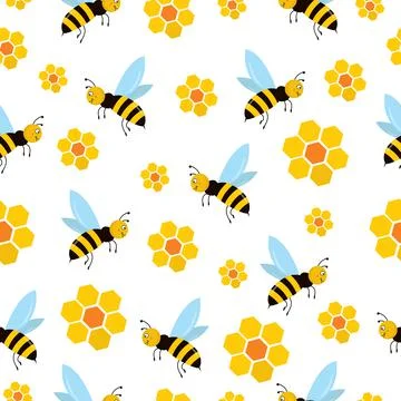 Seamless pattern with bees and yellow honeycomb Stock Illustration