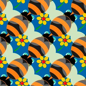 Seamless pattern with bees in blue background Stock Illustration