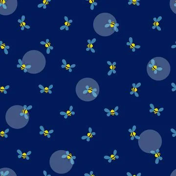 Seamless pattern with bees on blue background. Adorable cartoon wasp characters Stock Illustration