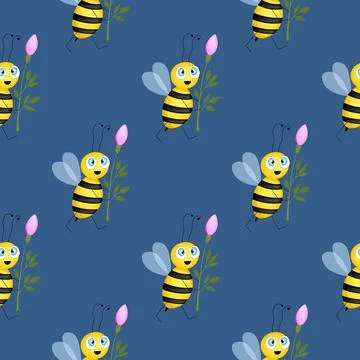 Seamless pattern with bees on blue background. Small wasp. Vector illustration Stock Illustration