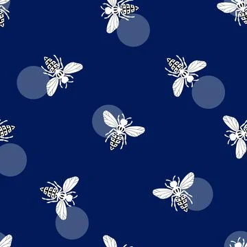 Seamless pattern with bees on blue background. Adorable cartoon wasp characters Stock Illustration