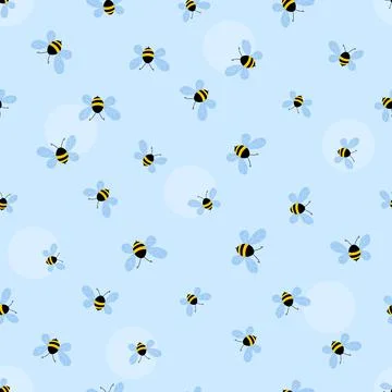 Seamless pattern with bees on blue background. Adorable cartoon wasp characters Stock Illustration