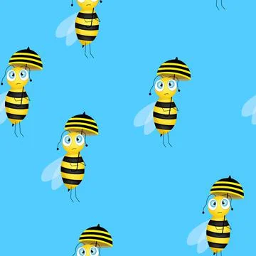 Seamless pattern with bees on blue background. Small wasp with umbrella. Flat Stock Illustration