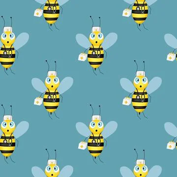 Seamless pattern with bees on blue background. Small wasp. Vector illustration Stock Illustration
