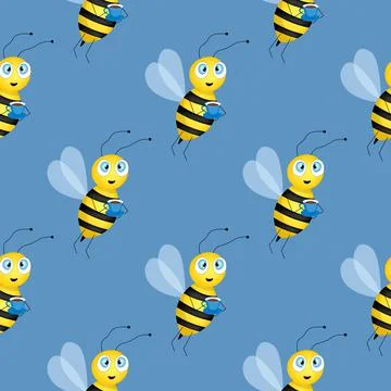 Seamless pattern with bees on blue background. Small wasp. Vector illustration Stock Illustration