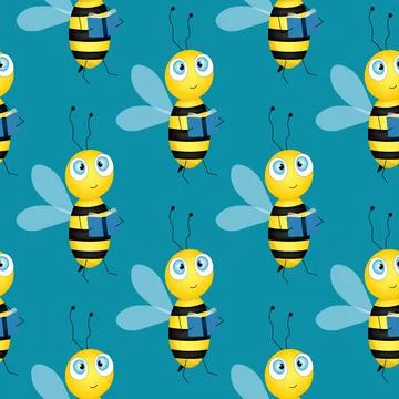 Seamless pattern with bees on blue background. Small wasp. Vector illustration Stock Illustration