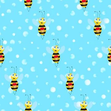 Seamless pattern with bees on blue polka dots background. Adorable cartoon wasp 库存插图