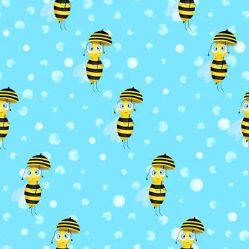 Seamless pattern with bees on blue polka dots background. Adorable cartoon wasp Stock Illustration