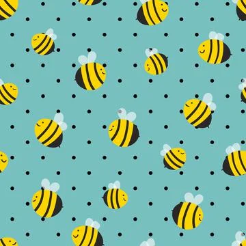 Seamless pattern with bees on blue polka dots background. Small wasp. Vector Stock Illustration