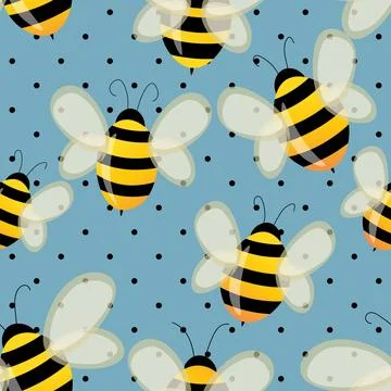 Seamless pattern with bees on blue polka dots background. Small wasp. Vector Illustrazione stock