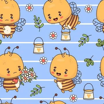 Seamless pattern with bees with bouquet of flowers and bucket of honey on b.. Stock Illustration