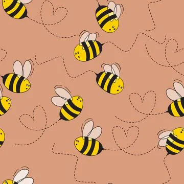 Seamless pattern with bees on color background. Small wasp. Vector illustration Illustrazione stock
