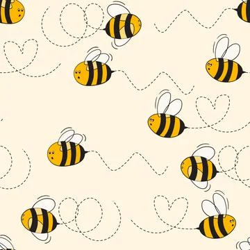 Seamless pattern with bees on color background. Small wasp. Vector illustration Stock Illustration