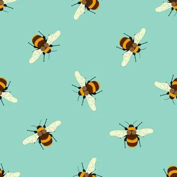 Seamless pattern with bees on color background. Small wasp. Vector illustration Stock Illustration