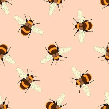 Seamless pattern with bees on color background. Small wasp. Vector illustration Stock Illustration