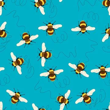 Seamless pattern with bees on color background. Small wasp. Vector illustration イラスト素材