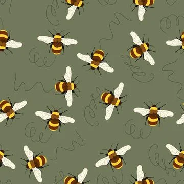 Seamless pattern with bees on color background. Small wasp. Vector illustration Stock Illustration