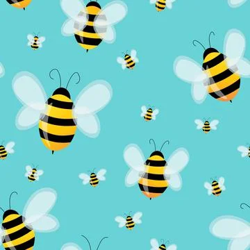 Seamless pattern with bees on color background. Small wasp. Vector illustration Stock Illustration