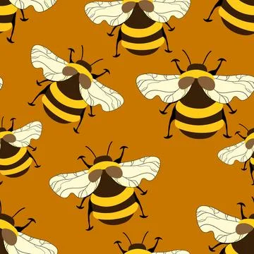 Seamless pattern with bees on color background. Small wasp. Vector illustration Illustrazione stock