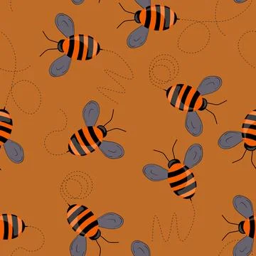 Seamless pattern with bees on color background. Small wasp. Vector illustration Stock Illustration