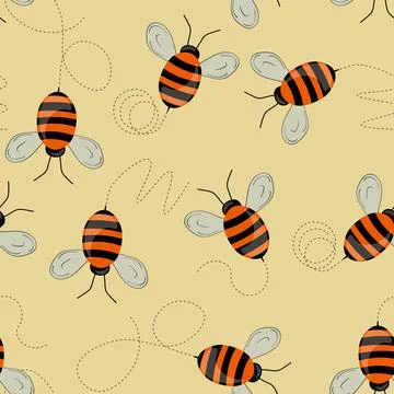 Seamless pattern with bees on color background. Small wasp. Vector illustration Stock Illustration