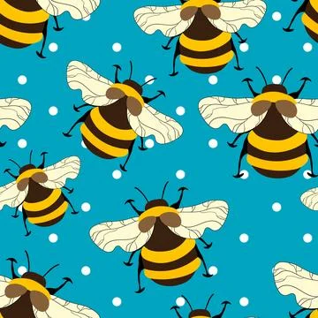Seamless pattern with bees on color background. Small wasp. Vector illustration Illustrazione stock