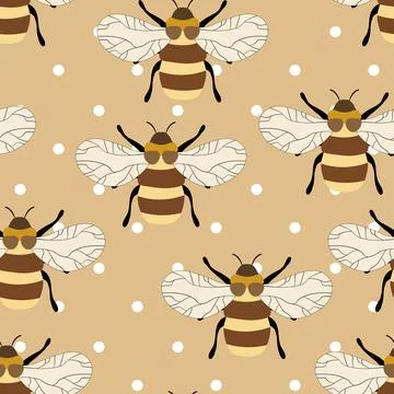 Seamless pattern with bees on color background. Small wasp. Vector illustration Illustrazione stock