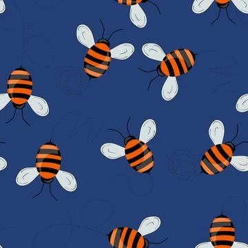 Seamless pattern with bees on color background. Small wasp. Vector illustration 库存插图