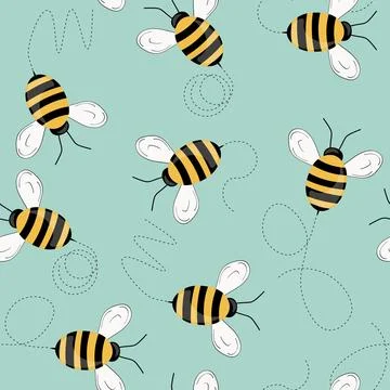 Seamless pattern with bees on color background. Small wasp. Vector illustration Stock Illustration