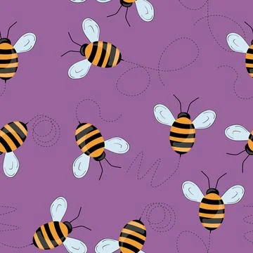 Seamless pattern with bees on color background. Small wasp. Vector illustration Illustrazione stock