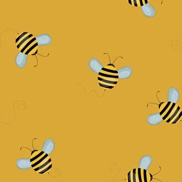 Seamless pattern with bees on color background. Small wasp. Vector illustration Stock Illustration