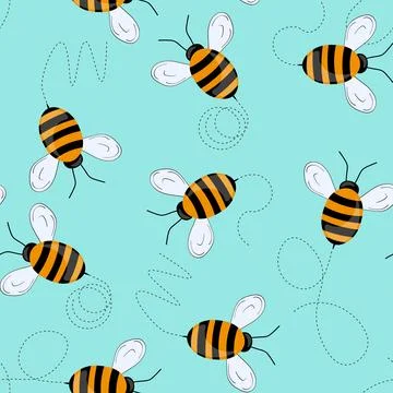 Seamless pattern with bees on color background. Small wasp. Vector illustration Illustrazione stock