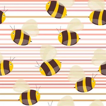 Seamless pattern with bees on color background. Small wasp. Vector illustration Illustrazione stock