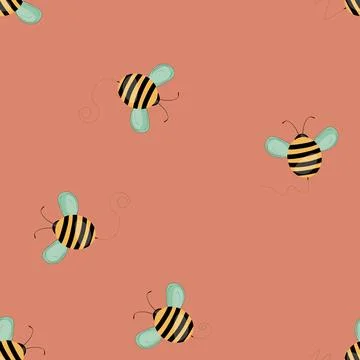 Seamless pattern with bees on color background. Small wasp. Vector illustration 库存插图
